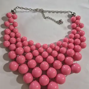 Statement Necklace - Pink Beaded Chain with Silver Tone Clasp, Elegant Design for Women