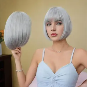 lady, Europe and the United States fashion bobo short hair full head cover, Qi bangs grandma grey repair face  head cover, heat-resistant wear natural, suitable for daily party banquet holiday dress up grey  chic hair  cosplay party synthetic wig