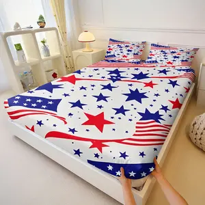 Patriotic Stars & Stripes Print Fitted Sheet Set, 3-Piece Usa Themed Bed Sheets, Soft Microfiber Fabric, Deep Pocket Design