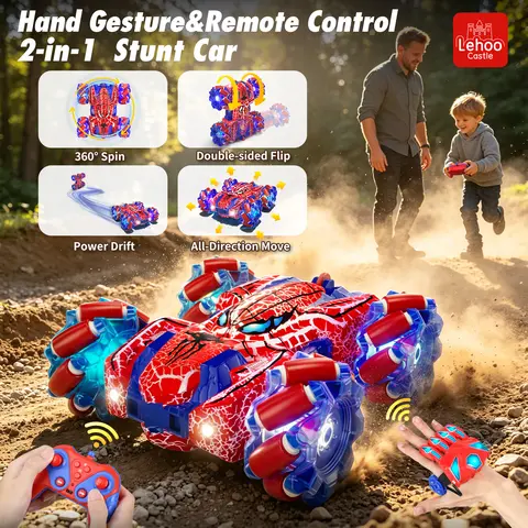 Lehoo Castle Cyberpunk Spider RC Stunt Car for Boy 4-15 - Lightning Fissure Lights, Gesture & Hand Control, 4WD Double-Sided Driving, 360° Drift, Safe ABS, USB-C Charging, All-Terrain Road & Lawn Vehicle, Xmax Gifts for Kids