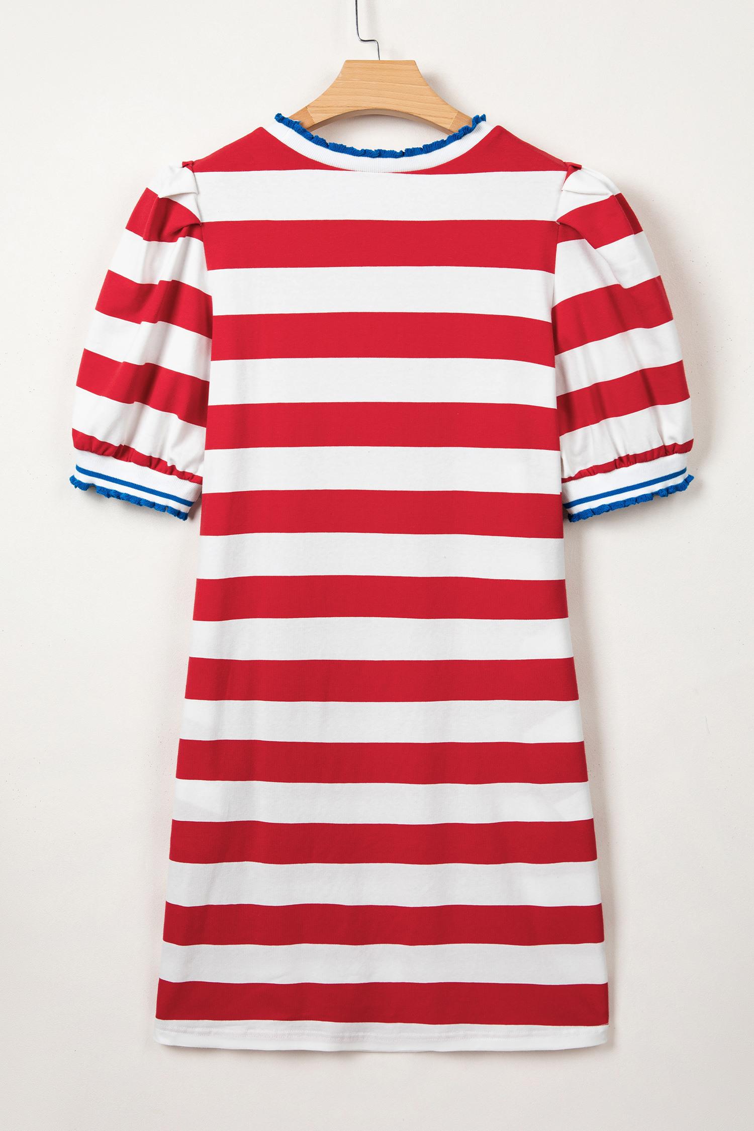 Mntaor Women's Summer Striped Shift Mini Dress - Contrast Trim, Round Neck, Puff Sleeves - Flowy, Comfortable, Y2K Aesthetic - Ideal for Office Casual, Weekend Outings - Pair with Wedges or Boots