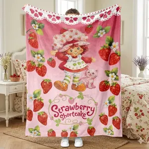 Vintage Strawberry Shortcake Flannel Blanket,Cute Strawberry & Cat Print Soft Throw, Best Gift for 80s 90s Nostalgic Fans,Y2K Aesthetic Room Decor,Gift for Girls