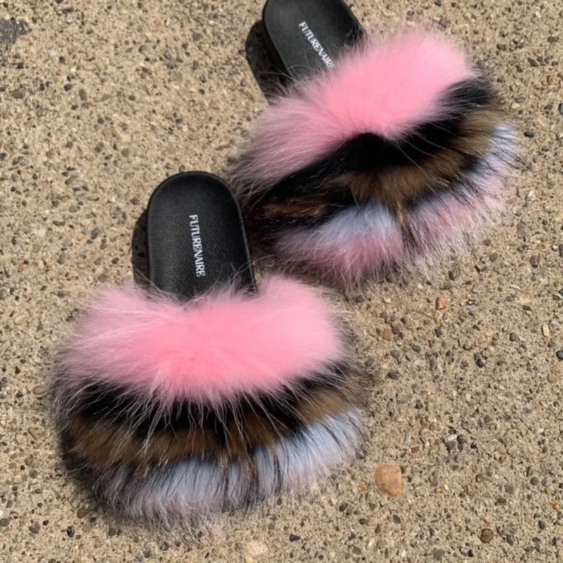 Pink, White & Brown Fur Slides for Women - Cute Open Toe Slides with Comfortable Rubber Sole Perfect for Indoor Use Autumn Style Girl Walking Shoes Footwear Fluffy Flipflop Soft and Durable Sole for Year-Round Wear - Slippers sizes 7.5-10 only