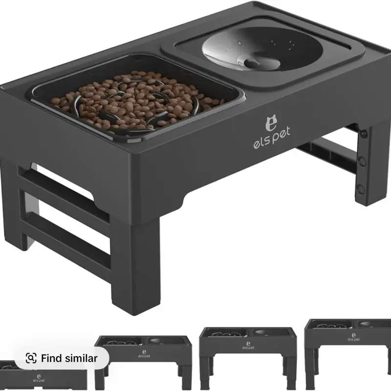 Elspet Elevated Pet Bowls Black Adjustable Height Raised Dog Cat Feeding Station with Slow Feeder & Water Bowl