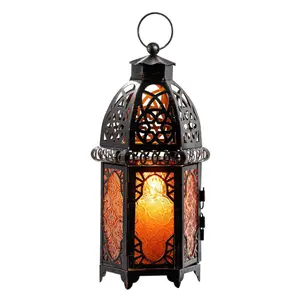Vintage Large Size Decorative Moroccan Candle Lantern, 12.8’’ Metal Hanging&Tabletop Lantern Candle Holder Decor, Halloween Christmas Ramadan Decorations for Home Indoor Outdoor Patio (Amber) Ornaments