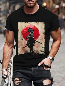 Men's Unique Summer Casual Streetwear Fashion Fitted T-Shirt with Japanese Samurai Print, Comfortable Regular Fit for Spring & Summer, Stylish Graphic Tee