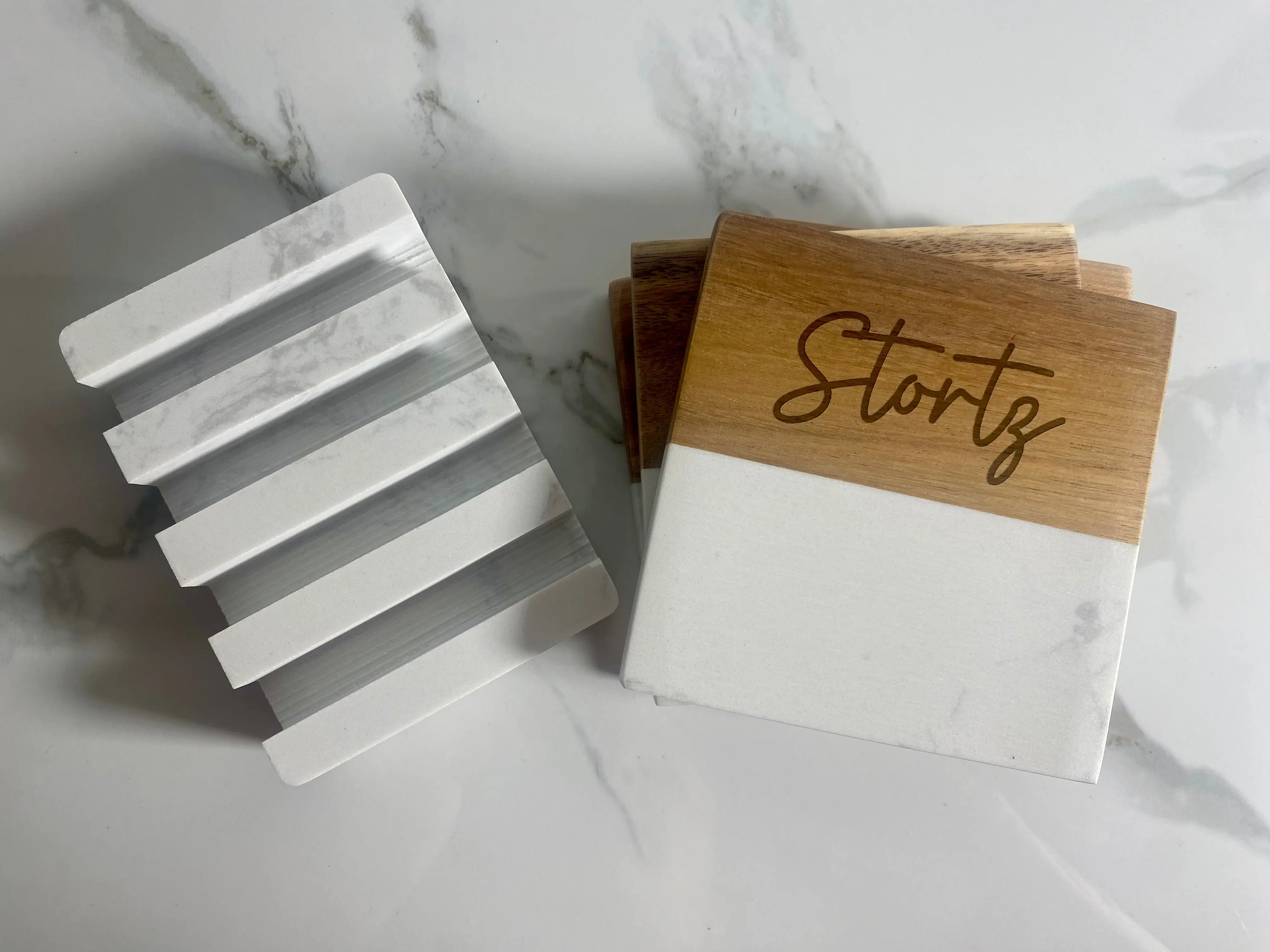 Marble & Acacia Coaster Set