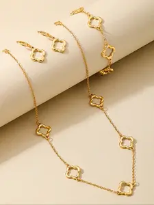 4 Piece Fashion Simple Versatile Metal Hollow Four Leaf Clover Necklace Bracelet Earrings, Trendy Matching Jewelry Set, Perfect Gift for Parties Daily Wear