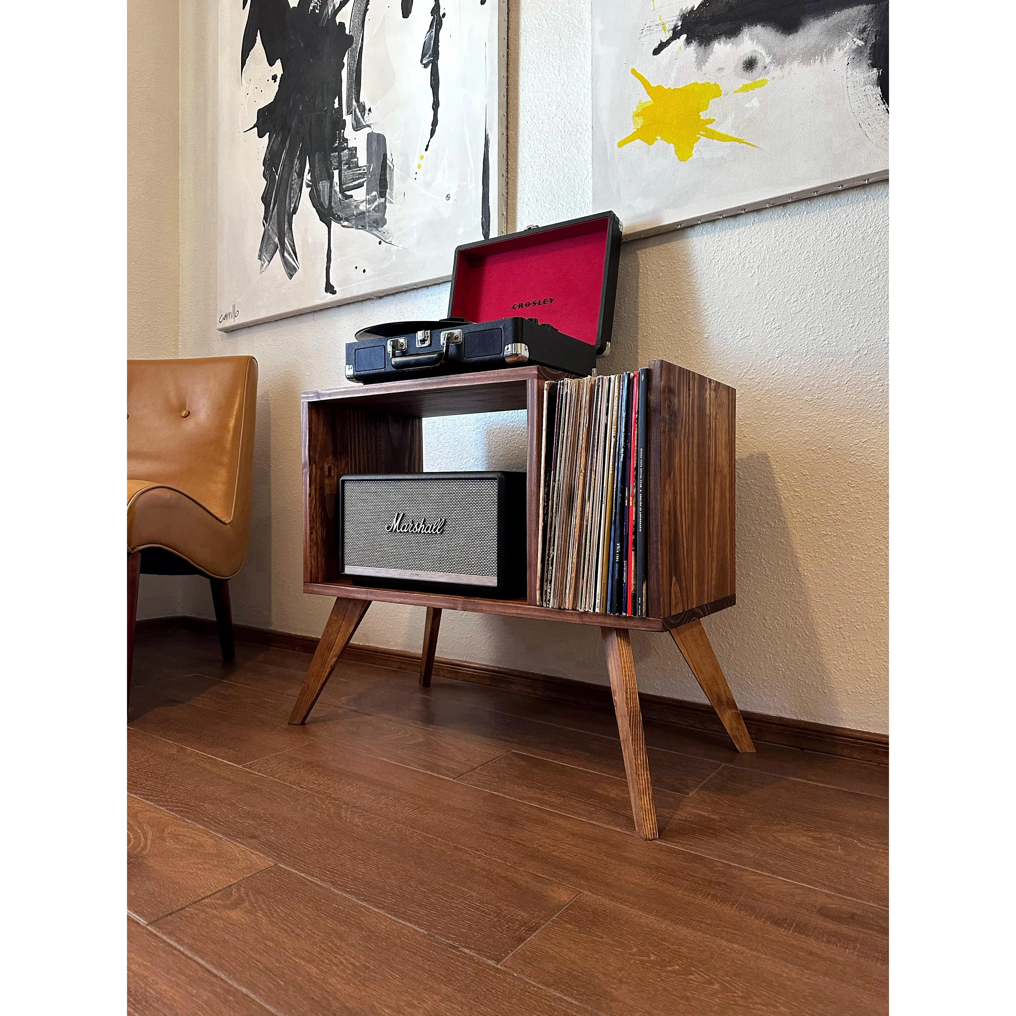 Mid-Century Modern Side Table with Vinyl Storage, Versatile Cabinet for Home Décor & Audio Equipment