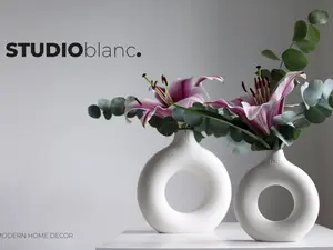 Studio Blanc | Ceramic Circle Vase Set | Vases for Decor Perfect Shelf Decor | Great Bookshelf Decor | Treated as Pampas Grass Vase | Round vase Used as White Vases for Decor | Unique Decor for Shelves