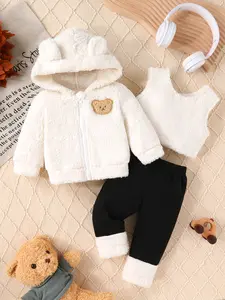 3-piece Casual, Elegant, Sweet And Cute Baby Girl Set, Soft And Comfortable, Cartoon Pattern Embroidered Details Hooded Teddy Bear Zipper Jacket Long Sleeved Jacket And Solid Color Teddy Bear Vest With Patchwork Design Leggings