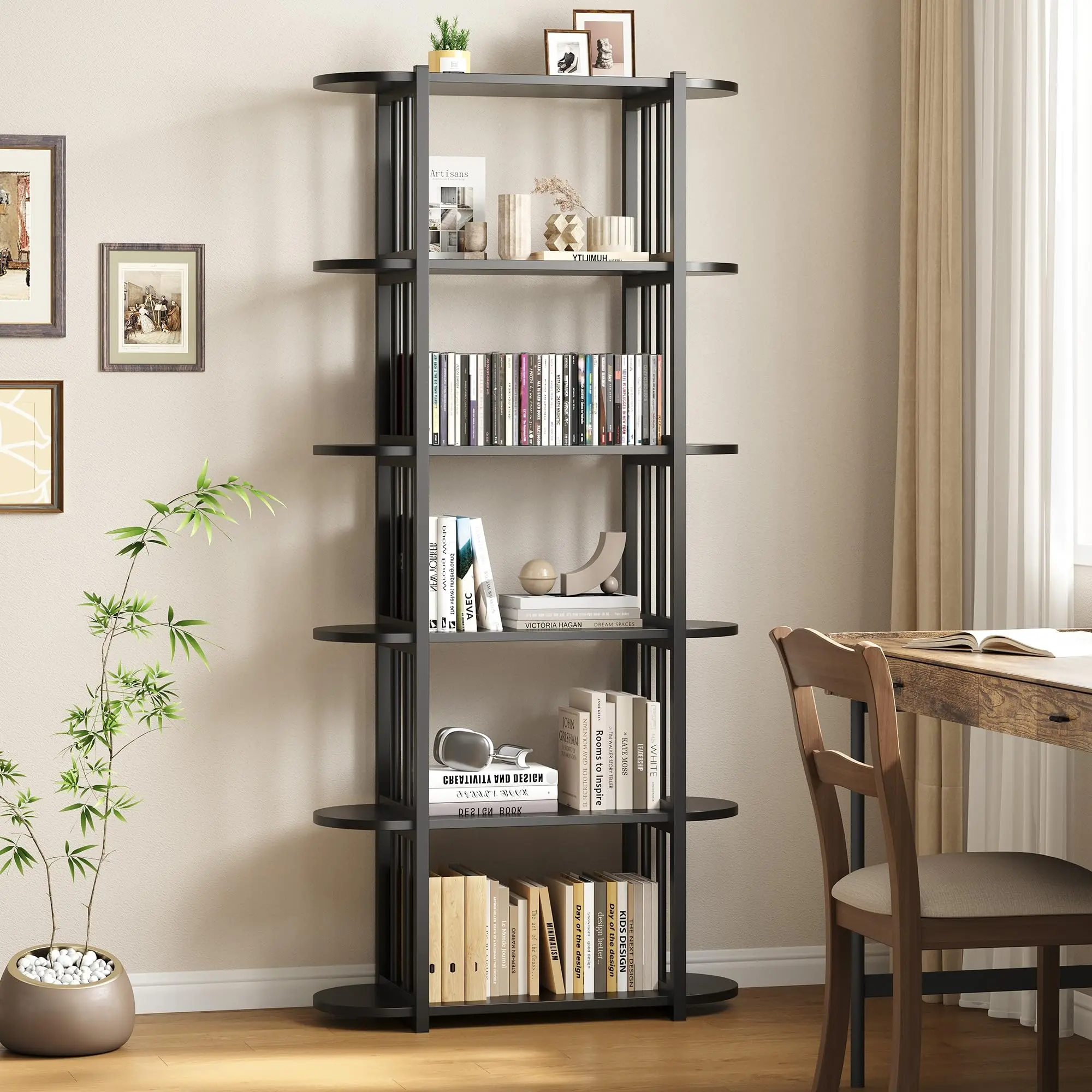 71" Black Industrial Wooden Bookshelf, Freestanding 6-Tier Wood Bookshelf with Sturdy Metal Frame, Narrow Space-Saving Bookcase, Modern Open Storage Shelves for Living Room, Home Office