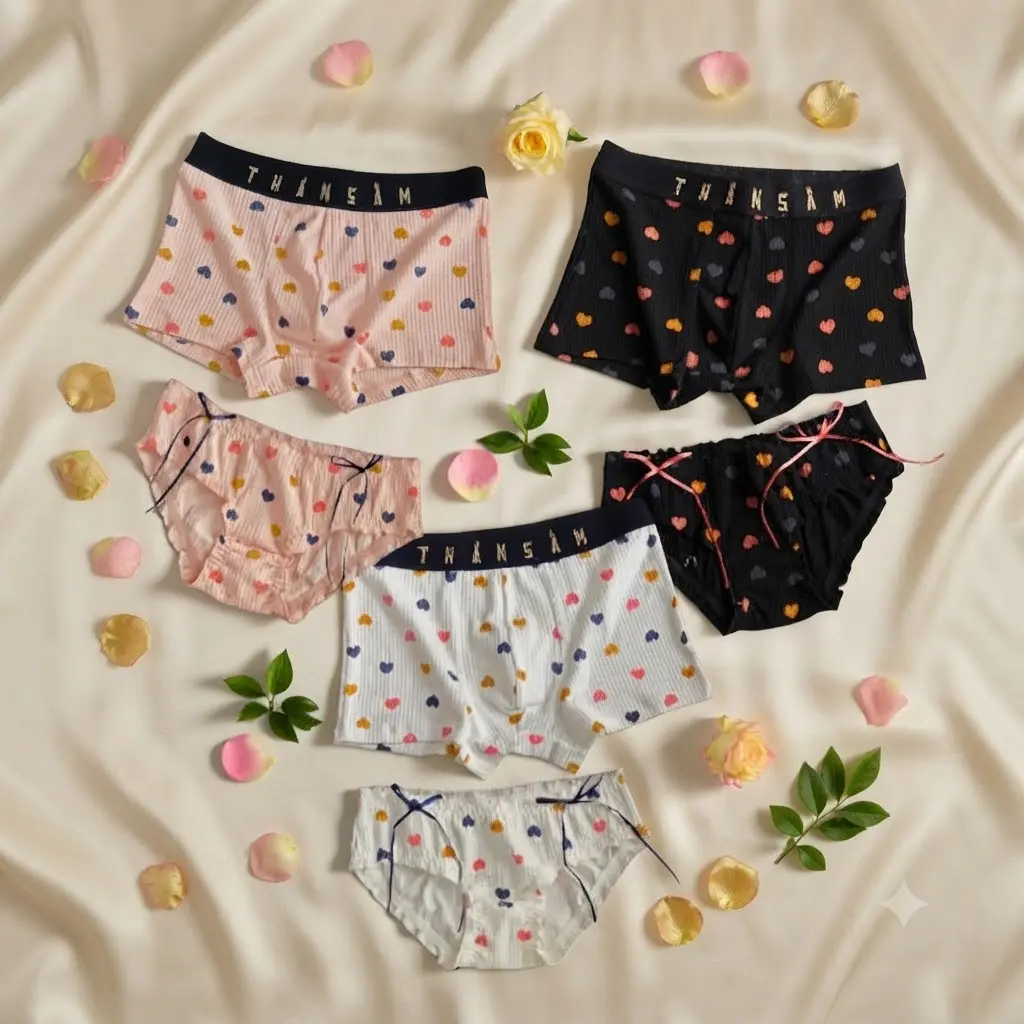 Cozy Couple Matching Underwear Set (3 Pairs) – Cute Heart Motif, Ultra-Soft & Breathable Ruffle Panties & Boxers