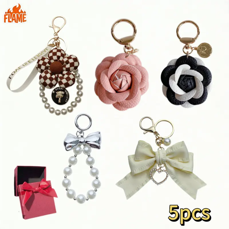 Glitter Bow Keychains for Women, 5-Piece Set of Stylish Purse Charms & Car Accessories, Casual Birthday or Christmas Gift