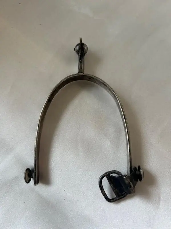 Antique Western Cowboy Boot Spur in 900 Silver, Single Spur with Moving Parts and Natural Tarnish, 2 5/16" Inner Width, Tarnish / Oxidation Due To Age