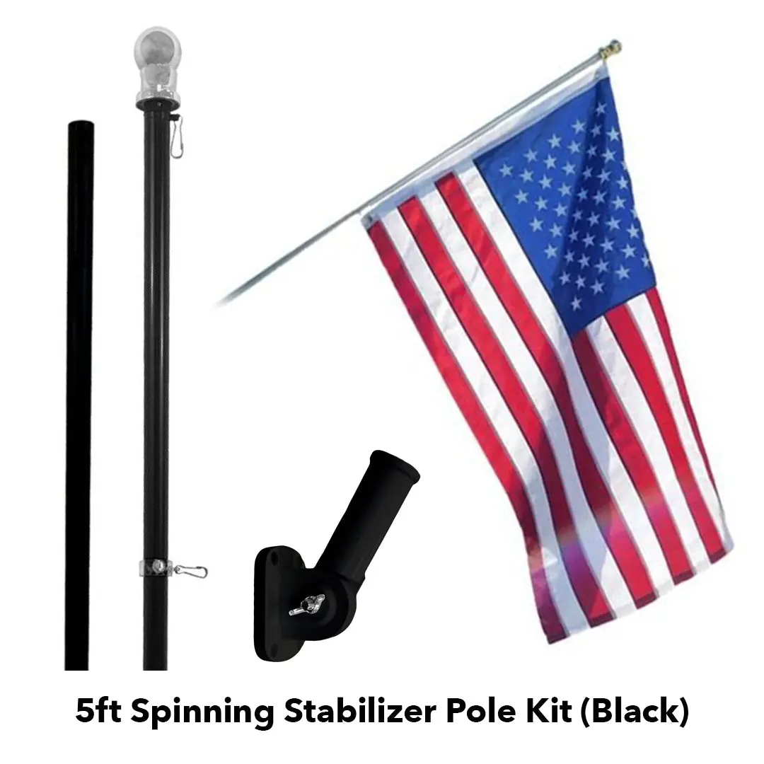 Heavy Duty 5ft Tangle-Free Spinning Stabilizer Flag Pole & Adjustable Bracket Kit (Black) - 1-Inch Diameter, Includes Brackets, Spinning Pole