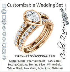 CZ Wedding Set, featuring The Lynette engagement ring (Customizable Cathedral-style Bezel-set Pear Cut 13-stone Design with Round Band Accents)