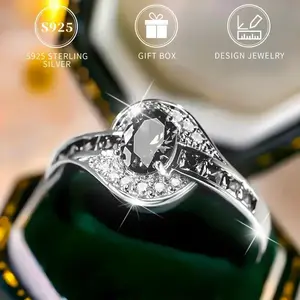 [Elegant Silver Ring] Nickel-Free 925 Pure Silver Elegant Ring Set with Black Synthetic Zirconia - Low Allergy Happy Whirlwind Personality Ring - Perfect for Wedding, Party and Valentine's Day Gift Gift Boxengagement rings