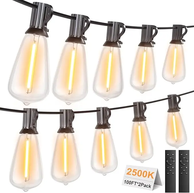200FT Outdoor String Lights with Remote,100+4 LED Edison Bulbs,Support Timer Dimmable Waterproof for Garden Patio Decor,2500K Warm White,