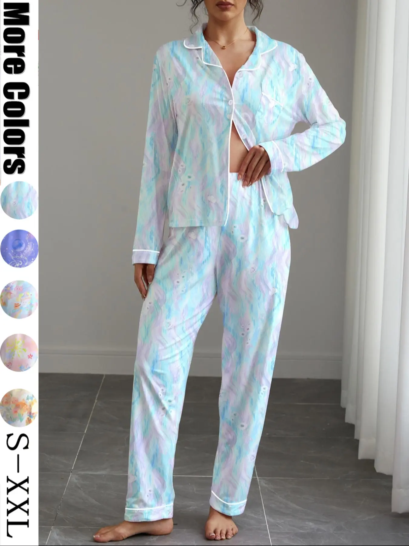 Women's Long Sleeve Sleepwear Set, Pajama Loungewear, Glowing Print, Elegant Casual, Comfortable Lapel Top & Wide Leg Pants, All Seasons