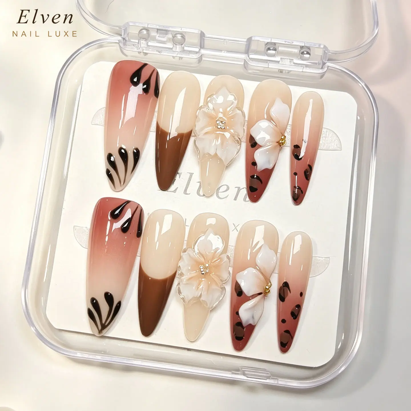Handmade Nude Pink Brown Press On Nails - Ombre Base with Leopard Print, French Tips & 3D Flower, Long Stiletto Reusable Fake Nails, Salon Quality
