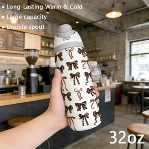Tiger Print Bowknot 32oz Dual-Sip Sports Water Bottle Tumbler, Thermo Tumbler, 304 Stainless Steel Large Capacity Insulated Travel Drinkware Cup, Perfect Gift for Women