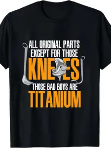 1pc Men's Titanium Alloy Knee Replacement Recovery T-Shirt - Post-Surgical Design with Artificial Knee Graphics, Soft Breathable Fabric for Post- Mobility & Year-Round Wear, Machine Washable Apparel