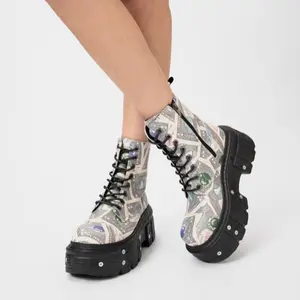 Thick Bottom Outdoor Women Motorcycle Boots Large Size All Match Casual Ankle Boots Fashion Mixed Color Cool Girl High Top Shoes Platform Knight Boots