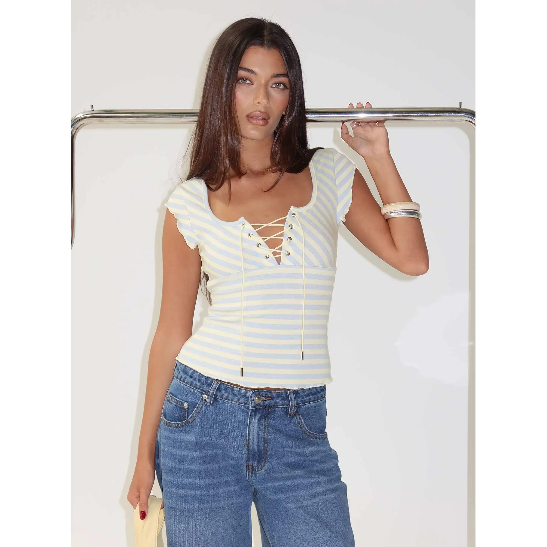 Jacenda Tie Up Short Sleeve Top Blue Stripe