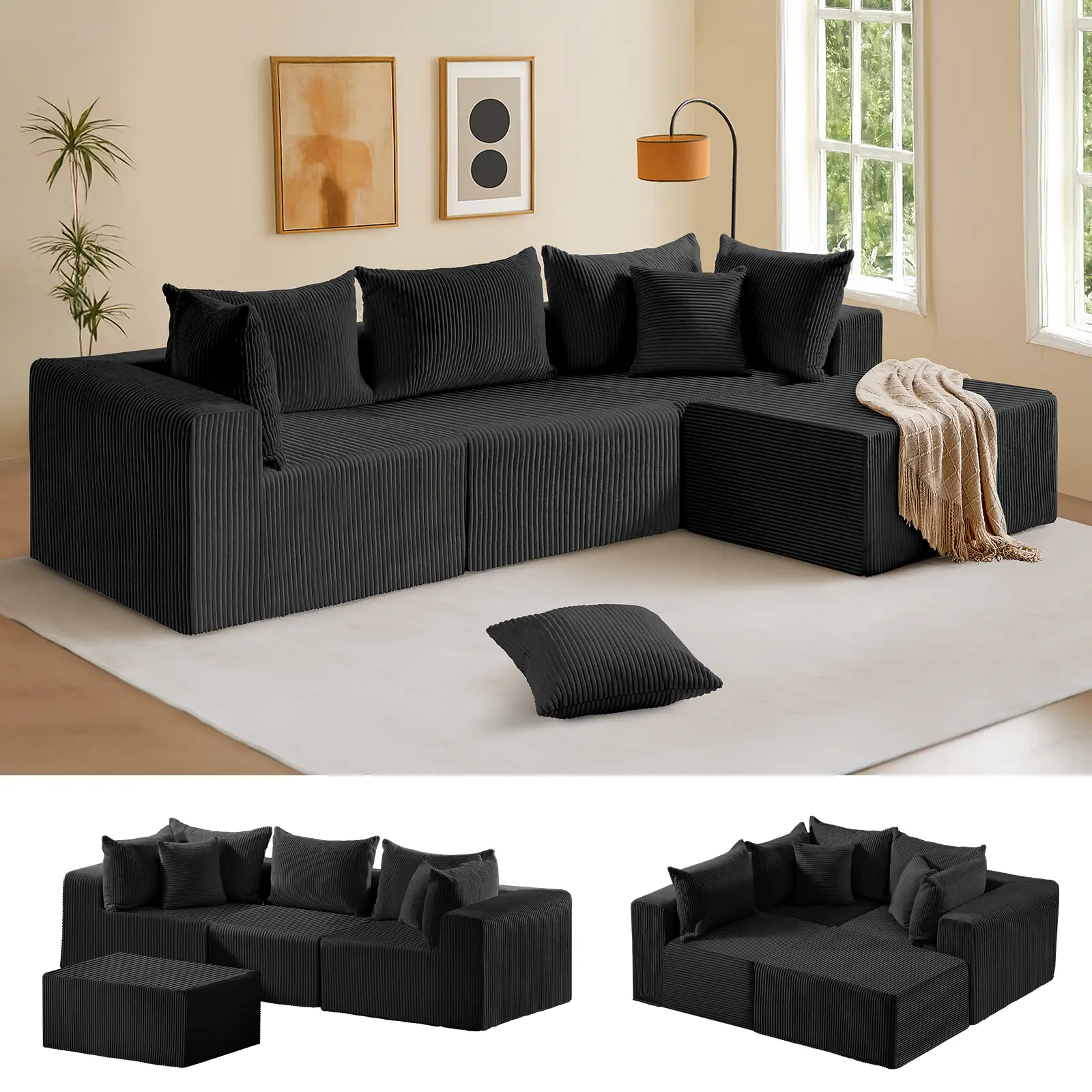 104”Modular Couch Compression Sectional for Living Room Cloud Comfy Minimalist Breathable Ottoman with Backrest Armrest