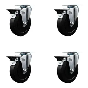 Soft Rubber Swivel Top Plate Caster Set of 4 with 5 Inch Black Wheels - Includes 4 Swivel with Posi Lock Brakes - 1100 lbs. Total Capacity - Service Caster Brand