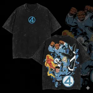 Superstyle "Fantastic 4" The First Superhero Family of MCU Fantastic Four MCU Edition Double Printed Oversize Lightweight Acid Washed Tee TV Series Graphic Design Top Cotton Streetwear Comic Superheroes T-Shirt Clothes Menswear Womenswear