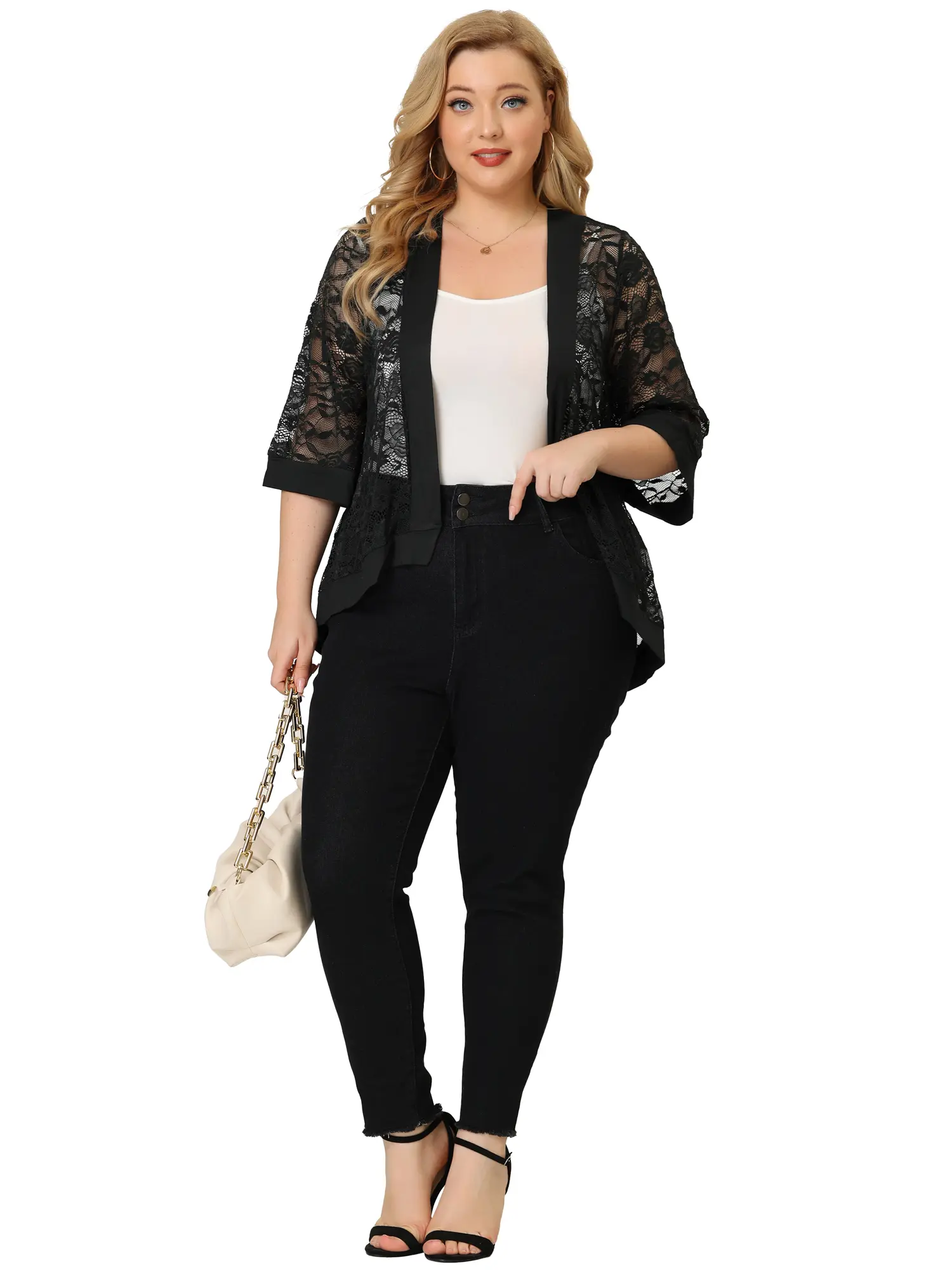 Agnes Orinda Plus Size Open Front Cardigan Lace Crochet 3/4 Sleeve Loose Casual Cover Up