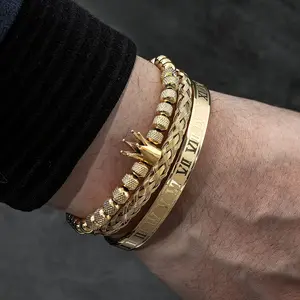 3pcs Stainless Steel Glossy Crown Woven Roman Fashion Trend Bracelet Set For Men Women