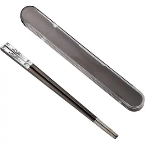 1/2 Pcs Portable Chopsticks with Pull Design Case,  Metal Stainless Steel Chopstick with Titanium Plated for School, Home, Office, Outdoor, Bento Box Use, Dishwasher Safe (Black Phoenix)