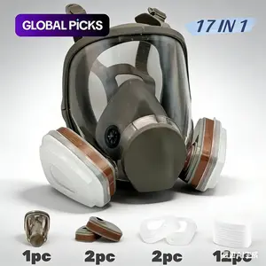 Reusable Full Face Mask with Filter Box, 17-in-1 Anti-Gas, Dust-Resistant, Anti-Fog and Safety Full Face Respirator Protective Mask Set for Woodworking, Painting, Grinding, Construction, Spraying and Chemicals