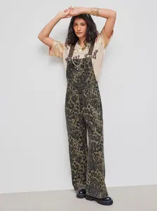 Denim Leopard Pocket Buckle Up Wide Leg Oversized Jumpsuit