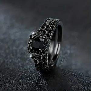 2pcs Black Zirconia Gothic Style Promise Rings, Multi Sizes, Inlaid Engagement Wedding Ring for Cool Ladies, Party Accessories