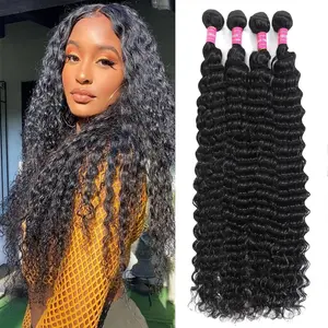 12A Deep Wave  Human Hair  Unprocessed Virgin 4 Pack Double Weft Wet and Wavy Curly Hiar Extensions Weave For Black Woman  Color 20 22 24 26 Inch