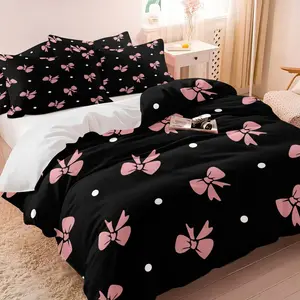 3-Piece Bedding Set with Bow Print, Includes Fitted Sheet and Pillowcases, Sweet Colorblock Design for Kids' Bedroom