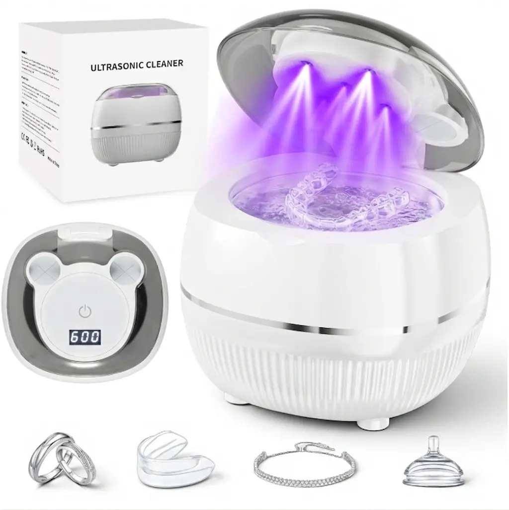 48kHz Ultrasonic Retainer Cleaner Pod - Compact Design, Large 200ml Tank (220ML Capacity), 2 Modes Oral Health Cleansing Machine, Daily Use for Dentures, Aligner Trays, Mouth Guards, Toothbrush Heads (Home Bathroom Gift)