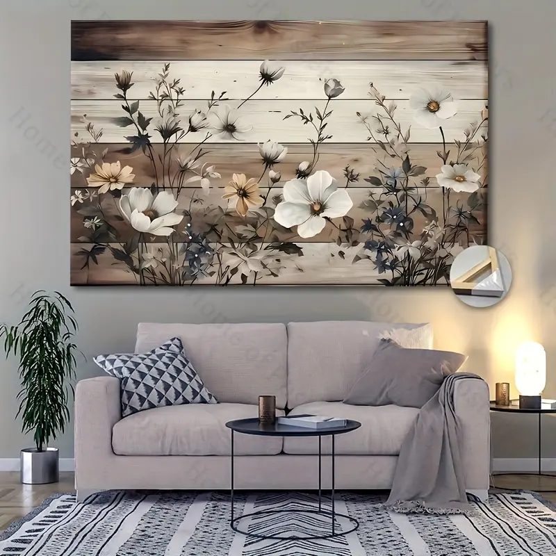 2D flat decorative painting, [2D flat] room decoration wall painting, Easter home decoration canvas accessories, floral canvas art with white daisies and bluebells framed for St. Patrick's Day bathroom decoration accessories (framed and edged canvas), 2D