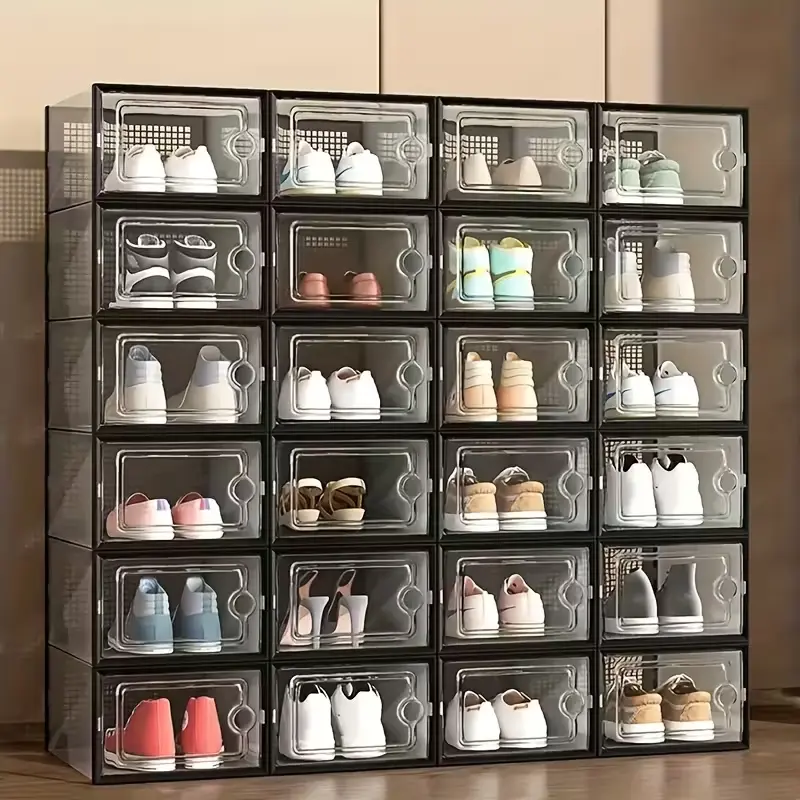 Transparent Stackable Shoe Storage Organizer Boxes, Multi-Compartment Modular Space-Saving Rack with Doors for Closet, Entryway