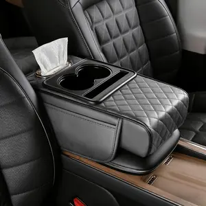 Universal Leather Car Armrest Cushion Center Console Cover with Storage Box, Cup Holder, Phone Slot, Waterproof Car Interior Accessories Light gray