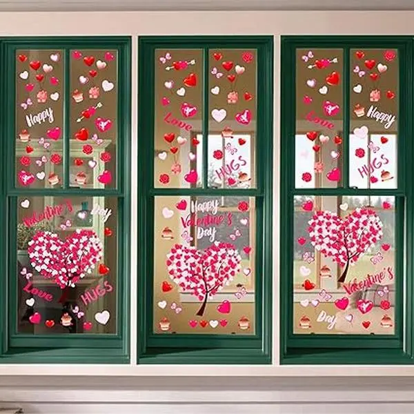 Valentines Day Decorations Heart Window Clings Decor, Large Red Pink Heart Tree Cupid Valentines Day Decor for Kids Home School Office Classroom, Wedding Birthday Party Supplies Gifts, 6 Sheets Glass Removable