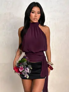 Fashionable Backless Fitted Top with Draping Straps, Stylish Women's Sleeveless Blouse, Minimalist Womenswear, Perfect for Casual Wear, Trendy Summer