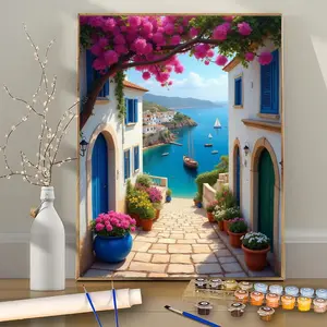 Paint by Numbers Kit for Adults Beginners, 1PC Village Garden Scene with Floral Arch and Mediterranean Scenery, 24color DIY Acrylic Paint Set, Wall Art Decor for Living Room or Office, Ideal Gift for Birthday, Father's Day, Christmas