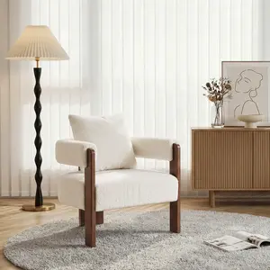 [SummerVibes] Vabches Mid-Century Modern Accent Chair - Solid Wood Frame, Clean Silhouette, Cloud-Like White Sherpa, Detachable Cushion, Single Seat Cozy Plush Lounge Chair for Living Room, Bedroom