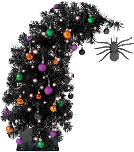 2ft Prelit Black Tinsel Halloween Tree Decorations with 35 Orange LED Lights Small Light Up Christmas Xmas Lighted Pencil Tree for Tabletop Mantle with 128 Tips Spider Ornament Battery Powered