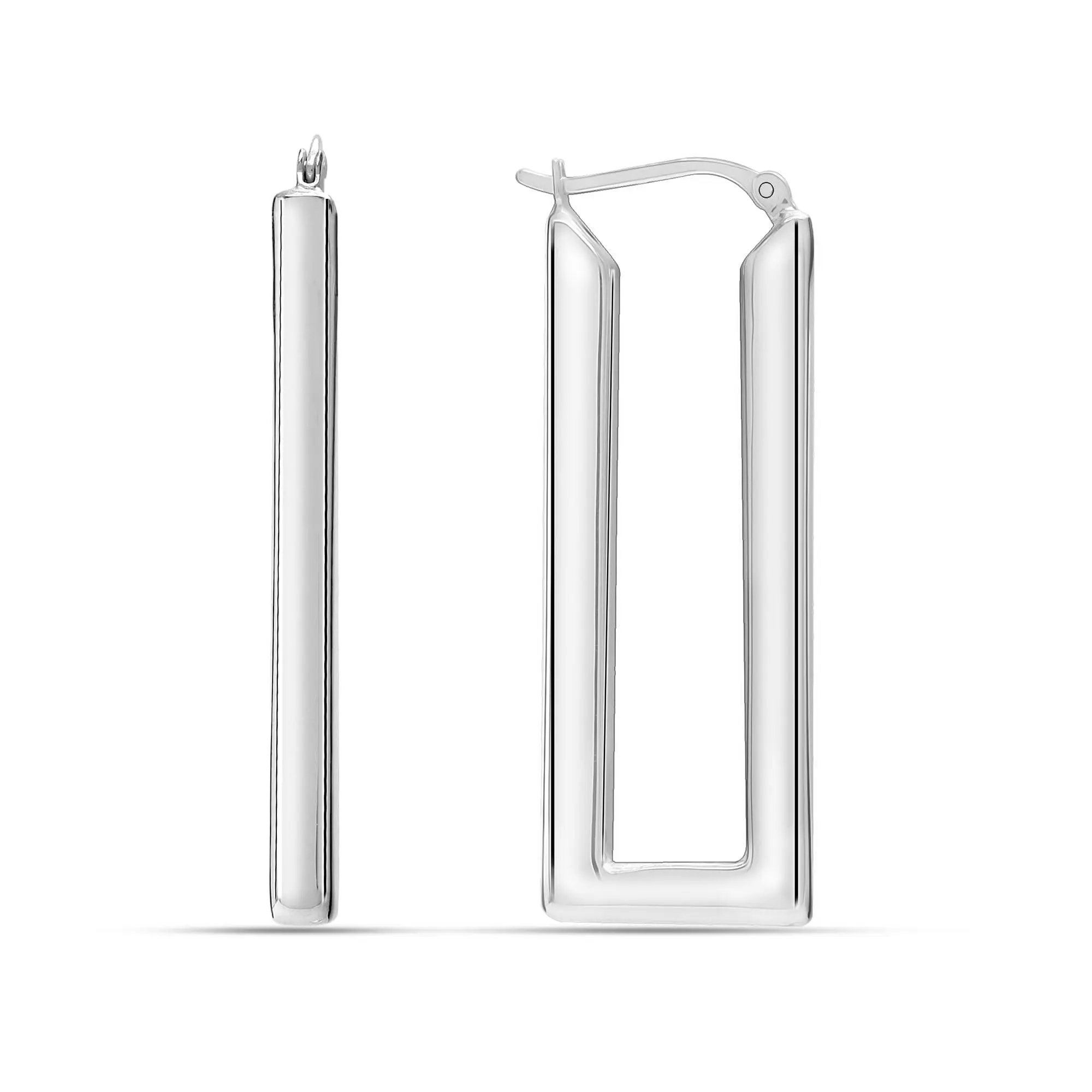 LeCalla 925 Sterling Silver Chunky Hoop Earrings for Women | Large Classic Handmade Rectangle Shaped Click-Top Hoop Earring 45MM